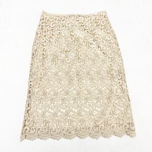 Marina Lace Scalloped Hem Skirt Cream Gold Back Slit Size M